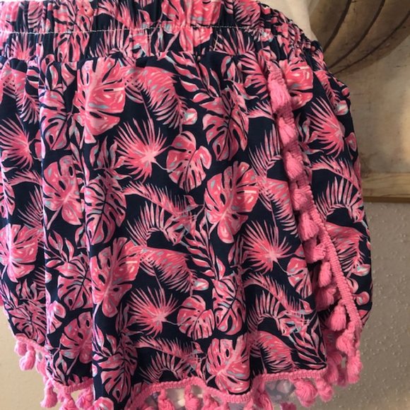 Sz M Simply Southern Turtle PomPom Tassels Lined Navy Blue & Pink Palms Shorts - Picture 2 of 11